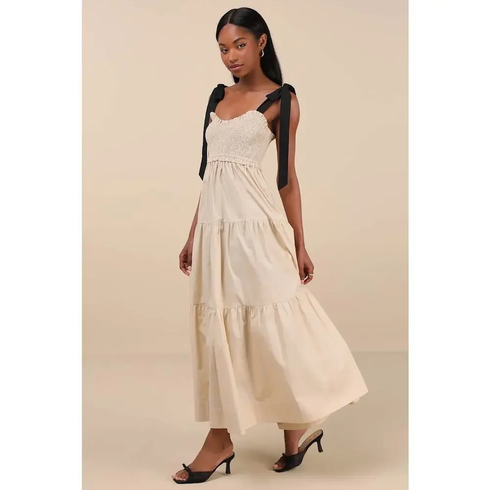 NWT Lulus Bembe Beige Tie-Strap Tiered Maxi Dress Coquette Holiday Resort Sz S - Picture 3 of 8